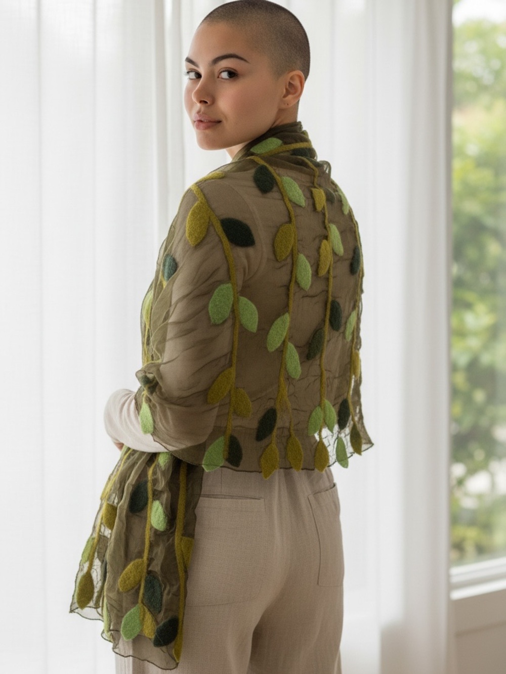 Felted Scarf: Handmade Multi-Colored Merino Wool and Silk Long Leaf 12” X 75”.